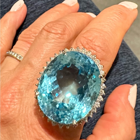 White Gold, London Blue Topaz with Diamonds Cocktail Ring - Picture 4 of 12